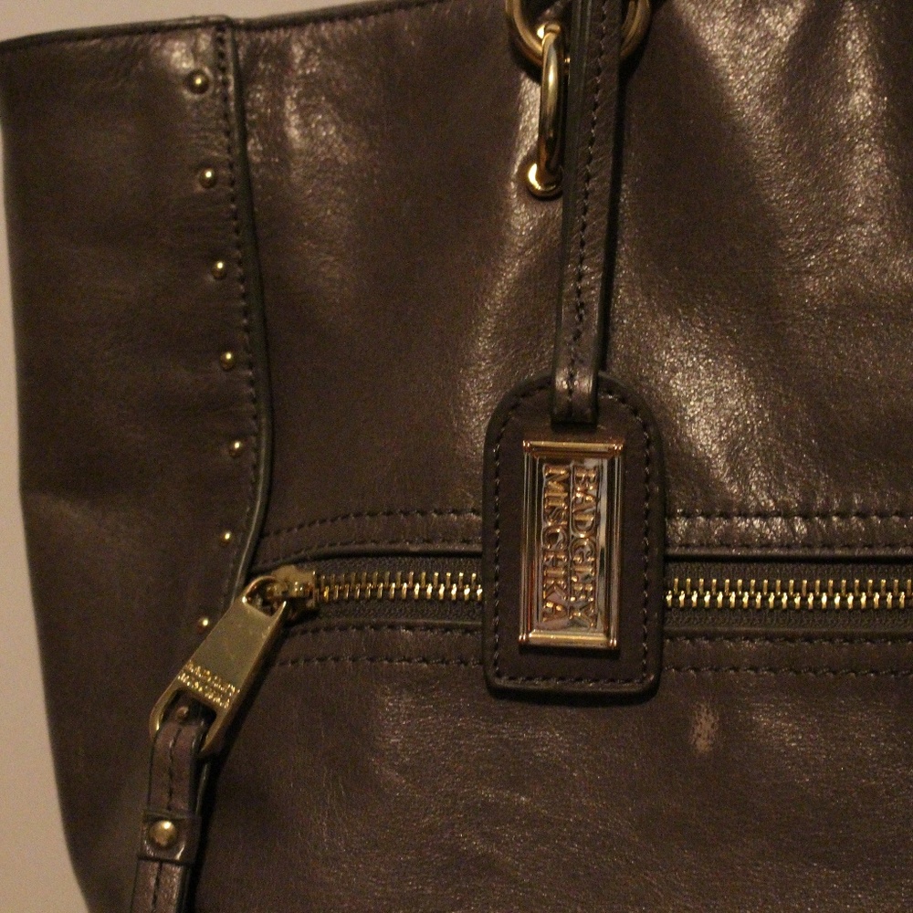 Badgley Mischka Warm Grey n Gold Leather Bag Purse - Picture 2 of 7